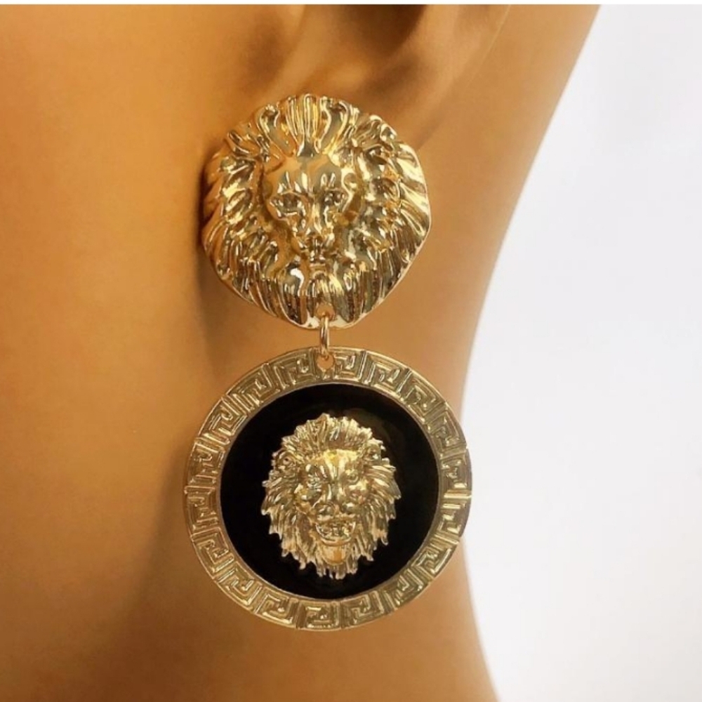 Lion Head Gold Plated & Black Enamel Gorgeous Designer Inspired Earrings